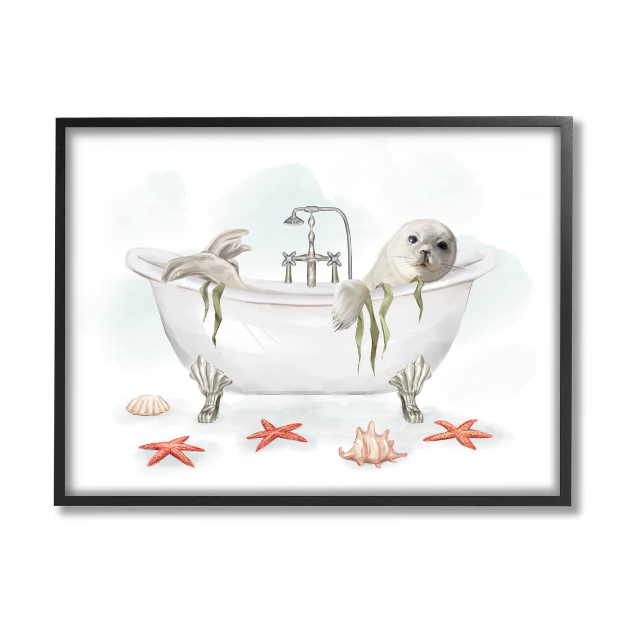 Stupell Industries White Harp Seal Ocean Inspired Bath Animal in Black Frame Wall Art